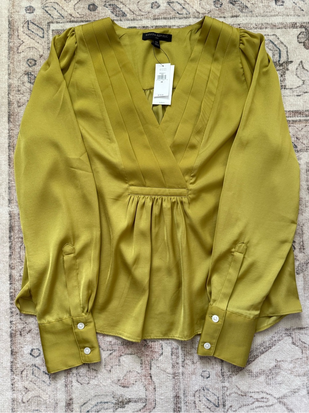 NWT Chartreuse LS Blouse, Office, Boho, Satin-like, Trending Color